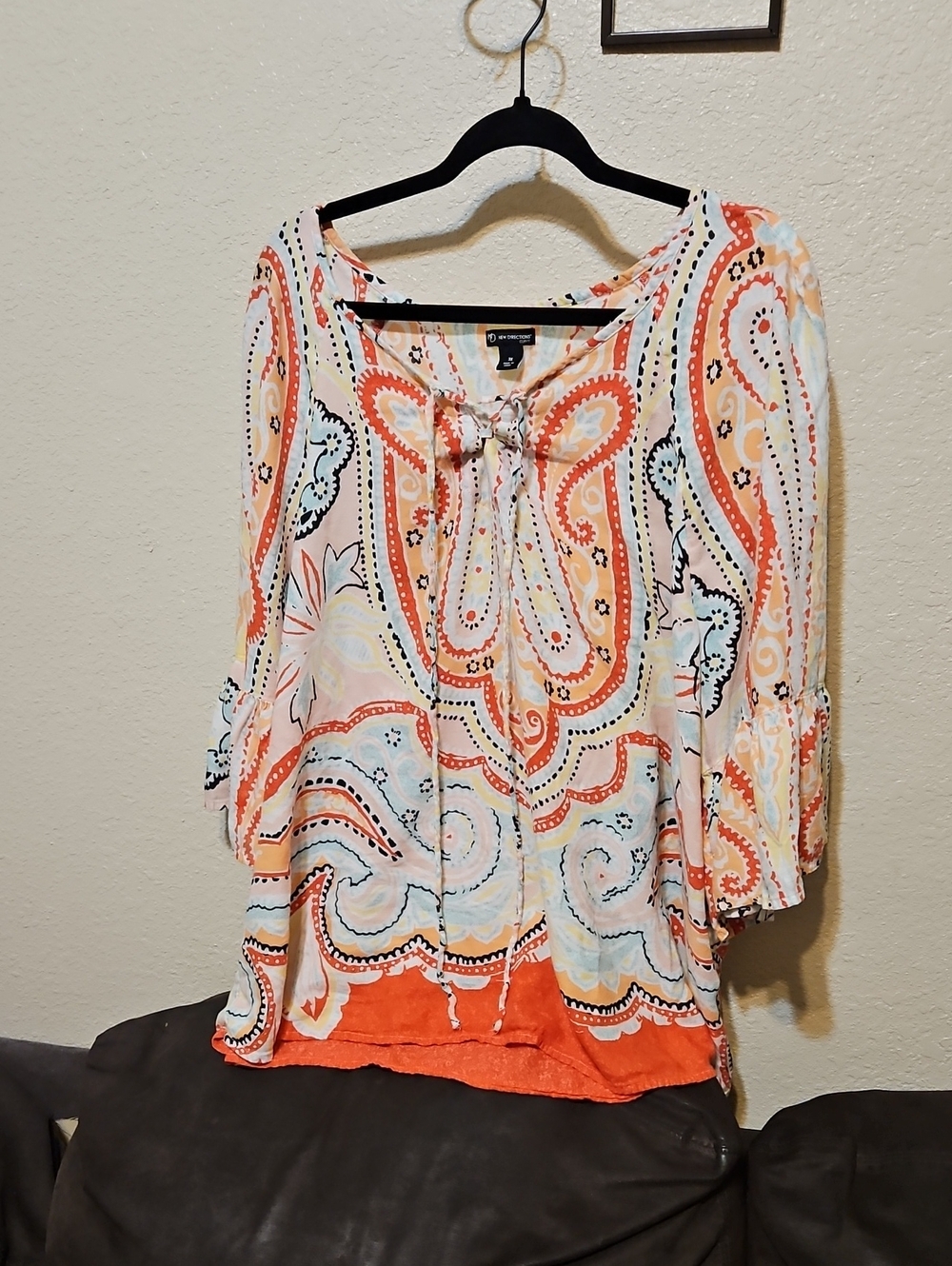 new directions Coral, White & Light Blue Paisley Tie-Front Tunic